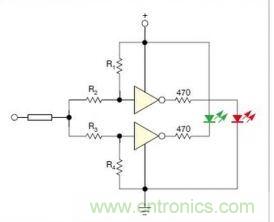 在雙門構(gòu)成的CMOS/TTL兼容探頭中，R1至R4電阻網(wǎng)絡(luò)對(duì)反相器輸入端做偏置