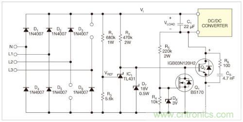 圖1：三相整流器使用了一只開關(guān)IGBT和一只電容