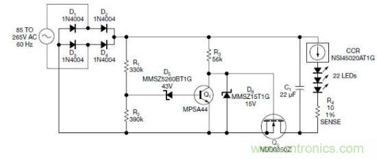 圖1：電路以恒流驅(qū)動(dòng)一串LED，可用于全世界的各種交流電壓