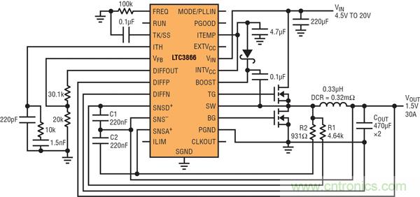 圖2：以非常低的DCR完成采樣的高效率、1.5V/30A降壓型轉(zhuǎn)換器