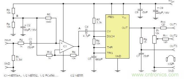 含運算放大器和NE555定時器的耳機和音頻線路驅(qū)動器。也可以使用CMOS版本(如LMC555)，但輸出電流較低。其優(yōu)點為工作頻率較高。