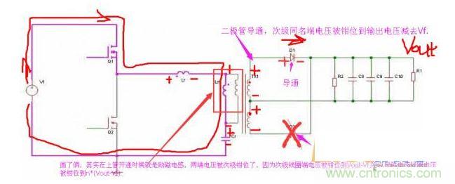 上管開通，注意諧振電感、勵磁電感、諧振電容的正負