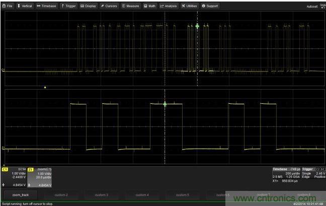 使用CustomDSO運(yùn)行VB腳本“zoom_Track.lss”。當(dāng)腳本運(yùn)行時(shí)，縮放波形的中心將跟蹤水平的光標(biāo)絕對(duì)位置。從圖中可以看出，光標(biāo)將永遠(yuǎn)位于縮放波形Z1的中心