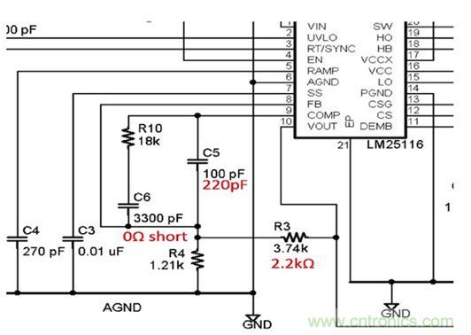 圖4：評估板部分原理圖顯示必須調整分壓器(R3和R4)將輸出電壓從5V改變到3.3V。另外還有其它多處改變。