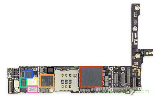 iPhone 6 Plus主板采用1GB RAM的蘋果A8 SoC作為核心部件。（來(lái)源：iFixit）