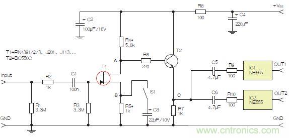 圖3：采用兩個工作在不同頻率下的555定時器電路，以獲取不同的音效。