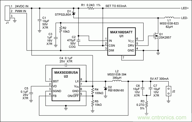 MR-16 LED驅(qū)動(dòng)器和用于脈沖LED冷卻器供電的5V輔助電源