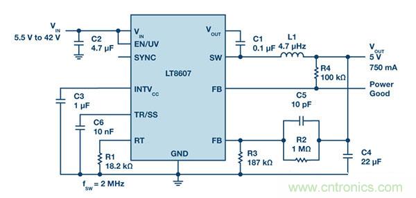 具2.5 μA靜態(tài)電流和超低EMI的42 V單片式同步降壓型穩(wěn)壓器